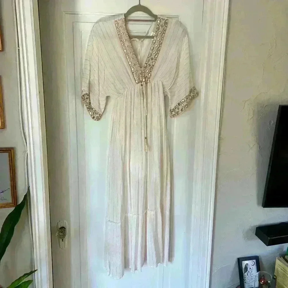 Ivory Boho Mirror Embellished Maxi Dress Viscose Kaftan Festival Beach Resort - Picture 8 of 17